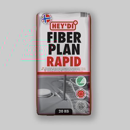Påsen med texten "HEY'DI FIBER PLAN RAPID 20 KG" och bilder av en norsk flagga, ett betonggolv och en symbol för snabb härdning.