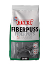 Förpackning med texten "HEY'DI FIBERPUSS FIBERPUTS 20 KG" och bilder av en murslev och en putsad yta.