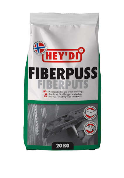 Förpackning med texten "HEY'DI FIBERPUSS FIBERPUTS 20 KG" och bilder av en murslev och en putsad yta.