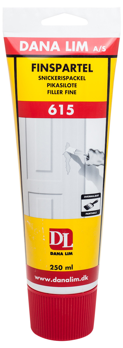 Röd och gul tub med texten "Finsparkel 615" och "Dana Lim" samt bild på en dörr och hand med spackelverktyg.