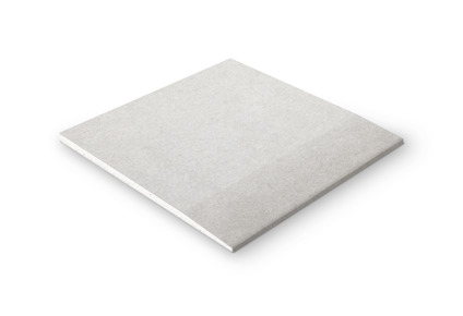 Kvadratisk gipsskiva med jämn, ljusgrå yta, sedd i perspektiv mot vit bakgrund.