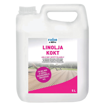 Plastdunk med etikett: "Linolja Kokt, 5 L, För inoljning av trätrall, trädgårdsmöbler, fönsterramar m.m."