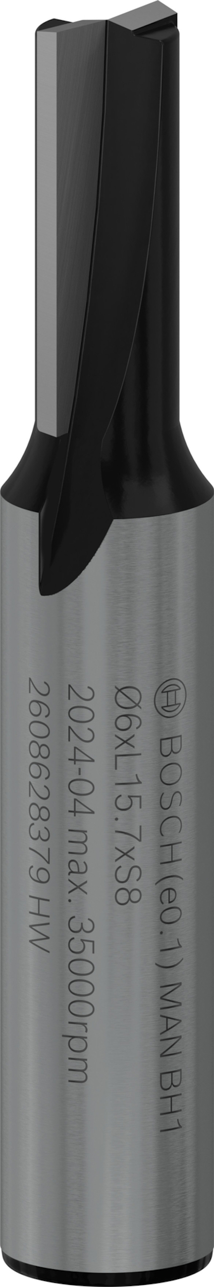Cylindrisk fräs med Bosch-logotyp och text ingraverad på sidan, mörkt skärområde upptill.