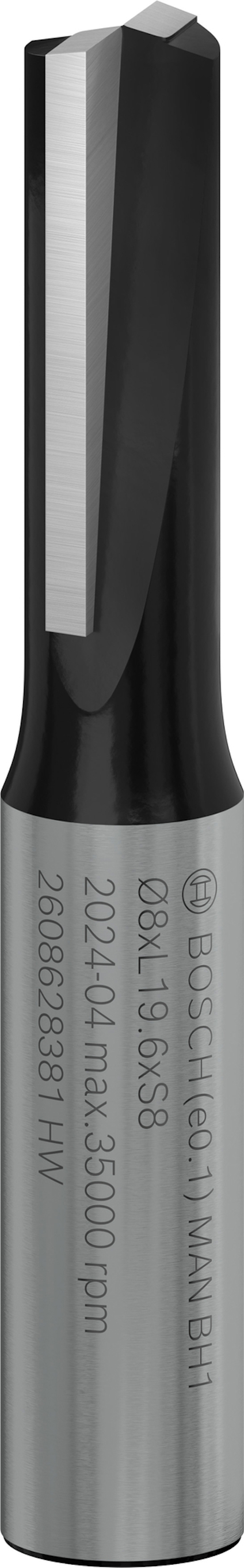 Borr med metallcylinder och skärande spets, text: Ø8XL19.5X38 Z2 D204.01max35000rpm 2408083811THv.