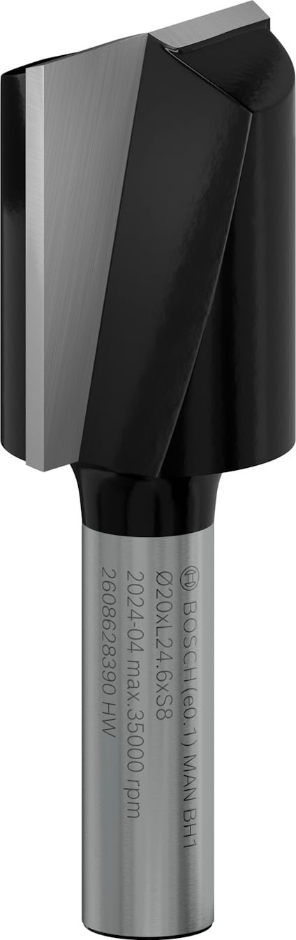 Metallisk fräs med grå och svart finish, cylindrisk axel och snedställda skärblad. Text på axeln: "Ø20x12/45S-8 2698638091W".