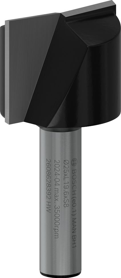 Svart och silverfärgad borr med vinklad skäregg och skaft med tryckt text.