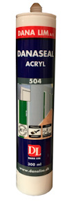 Förpackning av DANA LIM Danaseal Acryl 504, 300 ml, med etikett och logotyper synliga.
