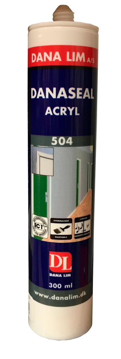 Förpackning av DANA LIM Danaseal Acryl 504, 300 ml, med etikett och logotyper synliga.