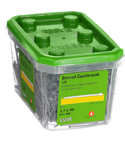 Plastförpackning med grönt lock, innehållande 900 st 1,7 x 40 mm räfflade dyckert, Essve.