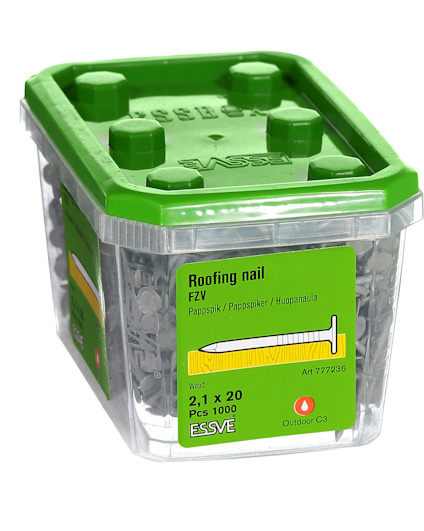 Plastburk med grönt lock innehållande papptakspik, 2,1 x 20 mm, förpackningskod 7772236.