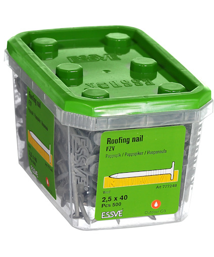 Plastlåda med grönt lock innehållande 500 takspik, 2,5 x 40 mm, märkt ESSVE.