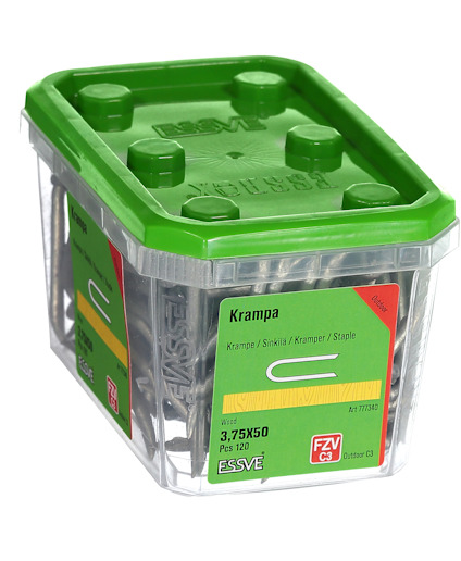 Plastförpackning med grönt lock innehållande krampor, märkt "ESSVE", storlek 3.7x50 mm, 120 st.