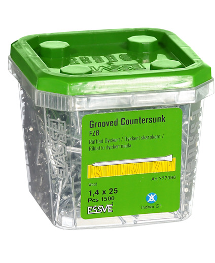 Förpackning med 1500 ESSVE trådspik, 1,4 x 25 mm, med försänkt huvud för trä.