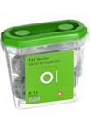 Plastburk med grönt lock innehållande platta brickor, märkning: "Flat Washer DIN 125 Hot Dipped Galv. M 12 Pcs 50 ESSVE".