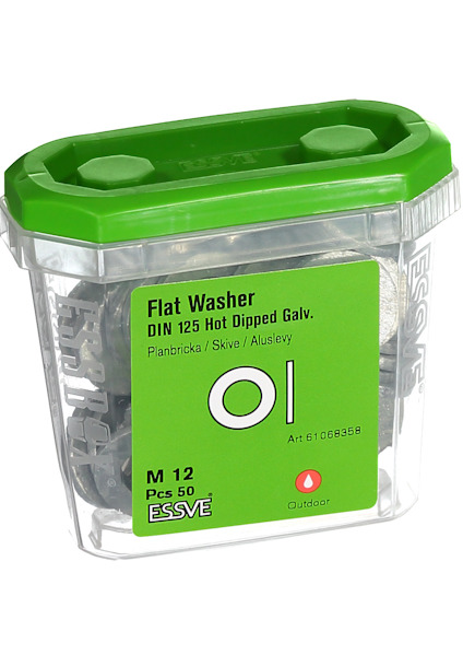 Plastburk med grönt lock innehållande platta brickor, märkning: "Flat Washer DIN 125 Hot Dipped Galv. M 12 Pcs 50 ESSVE".