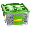 Transparent plastlåda med grönt lock, innehållandes räfflade spikar, 1380 st, art. nr 7771779 från ESSVE.