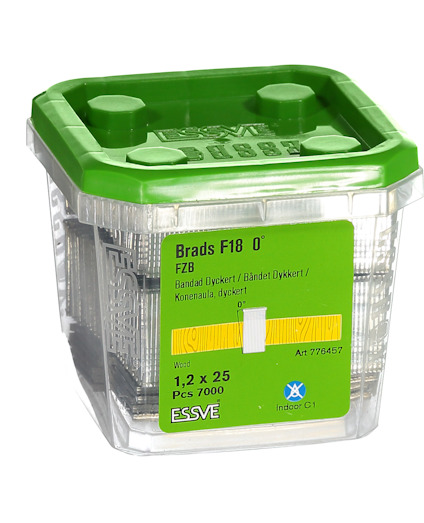 Plastlåda med spik, märkning: "Brads F18 0°, 1.2 x 25, PCS 7000, Art 776457, ESSVE".