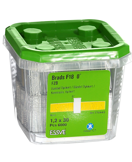 Förpackning med bandad dyckert F18 0°, 1,2 x 30 mm, 6000 st. Märke: ESSVE. Grön lockfärg.