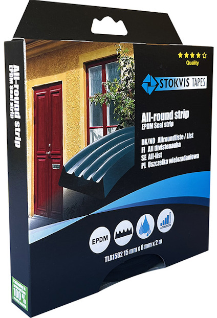 Förpackning med text på flera språk för "Allroundlist" från Stokvis Tapes, med illustrationer inklusive bil och husvagn.