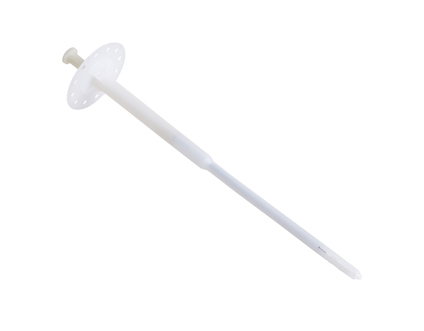 Vit plastplugg med rund platta och lång smal kropp.