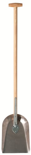 Spade med trähandtag och metallblad, stående upprätt.