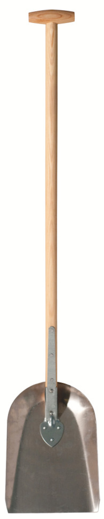 Spade med trähandtag och metallblad, stående upprätt.