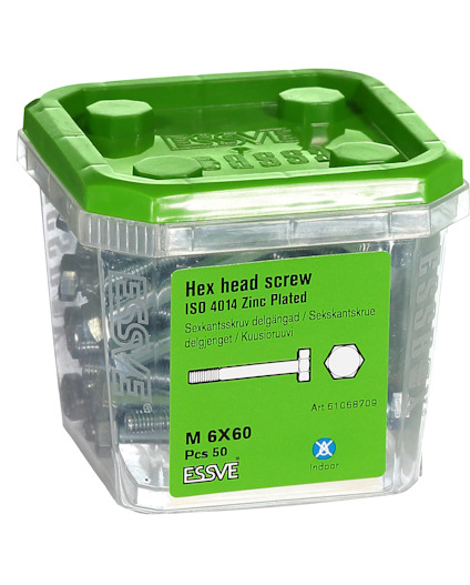 Behållare med hexagonhuvudskruvar, M 6x60, 50 st, ISO 4014, zinkbelagda, med grön lock och etikett.