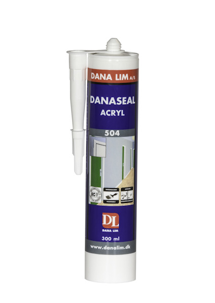 Tub med vit akrylfogmassa, etikett med texten "DANASEAL ACRYL 504" och "DANA LIM A/S".