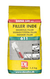 Gul och röd förpackning av Dana Lim Filler Inde 611, med text på flera språk och bilder på användningsexempel.