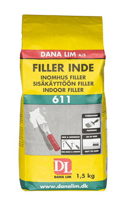 Gul och röd förpackning av Dana Lim Filler Inde 611, med text på flera språk och bilder på användningsexempel.