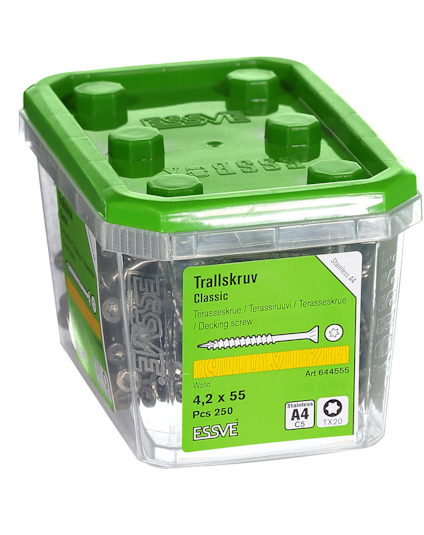 Grön burk med 250 terrasskruvar 4,2 x 55 mm, Essve, etikett och illustration av en skruv.