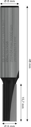 Skärverktyg med mått: 8 mm diameter, 48 mm total längd, 15,7 mm verktygslängd.