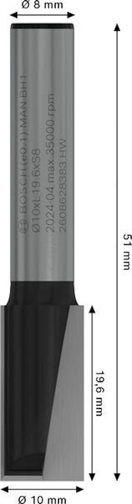 Fräs med måtten 51 mm längd, 8 mm diameter, och 19,6 mm skärlängd. Text på fräsen: Bosch och andra specifikationer.