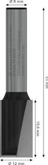 Fräsverktyg med dimensioner markerade: Ø8 mm skaft, Ø12 mm skär, total längd 51 mm, skärlängd 19,5 mm. Grått och svart.