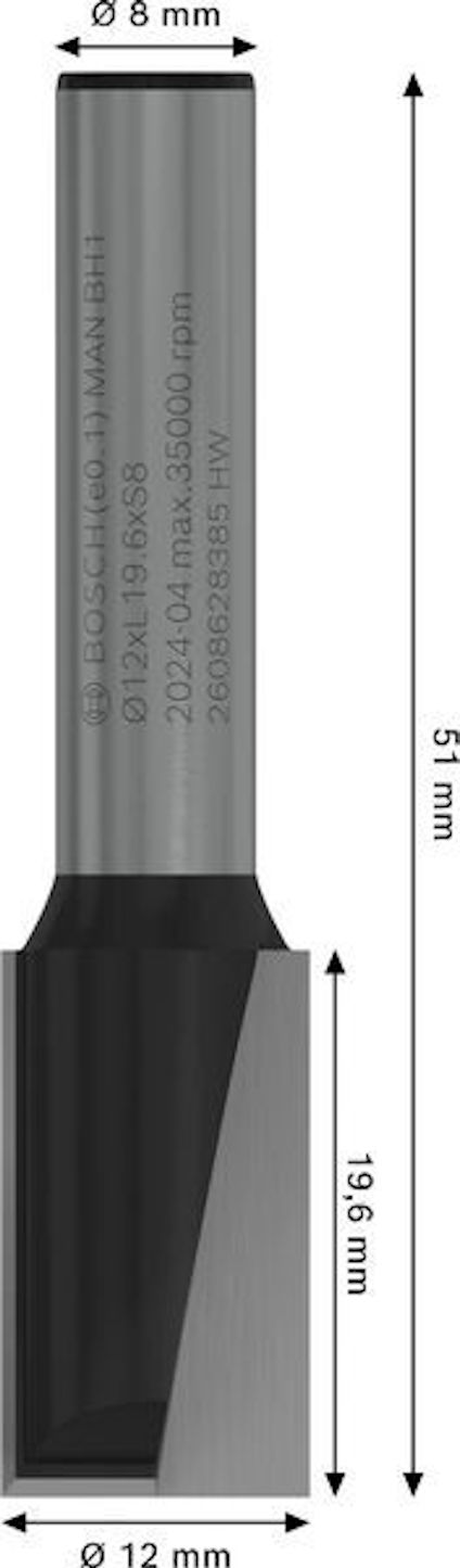 Fräsverktyg med dimensioner markerade: Ø8 mm skaft, Ø12 mm skär, total längd 51 mm, skärlängd 19,5 mm. Grått och svart.