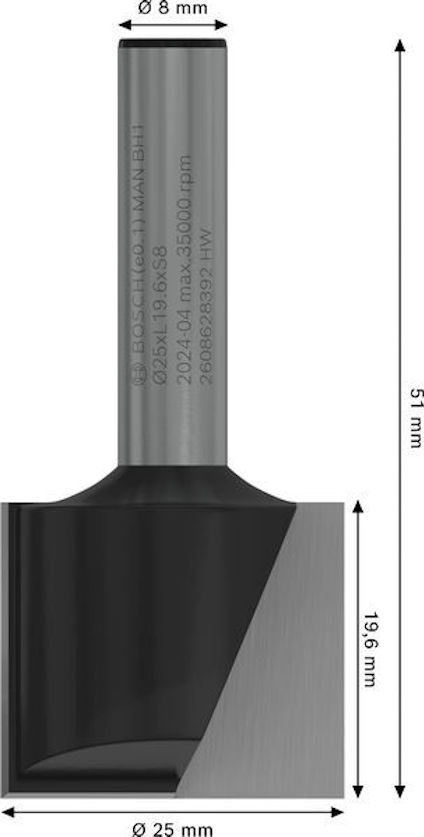 Cylindrisk fräs med måttangivelser: Ø8 mm, Ø25 mm, längd 51 mm, skärlängd 19,6 mm.