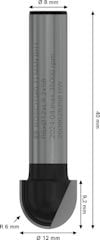 Cylindrisk fräs med mått: längd 40 mm, diameter 8 mm, radie 6 mm, klotformad spetsdiameter 12 mm.