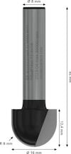 Fräsverktyg med dimensioner: 8 mm skaft, 45 mm längd, 16 mm skärdiameter, R 8 mm radie. Text: "R8x16x8,1 1/