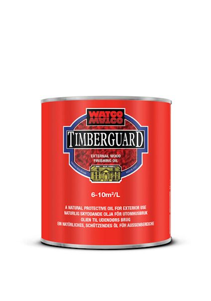 Röd plåtflaska med etikett "Timberguard" och logotyp i svart och vit text.