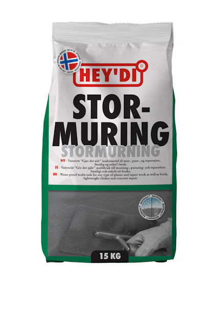 Förpackning med torrbruk Hey'di Stormurning, 15 kg, med norsk flagga och instruktioner på framsidan.