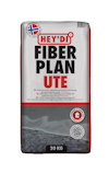 Förpackning av avjämningsmassa märkt "HEY'DI FIBER PLAN UTE", med illustration av ytbeläggning och textdetaljer.