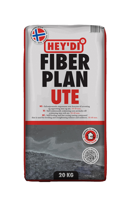 Förpackning av avjämningsmassa märkt "HEY'DI FIBER PLAN UTE", med illustration av ytbeläggning och textdetaljer.
