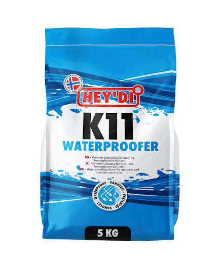 Blå förpackning med texten "Hey'di K11 Waterproofer" och viktangivelsen "5 kg".