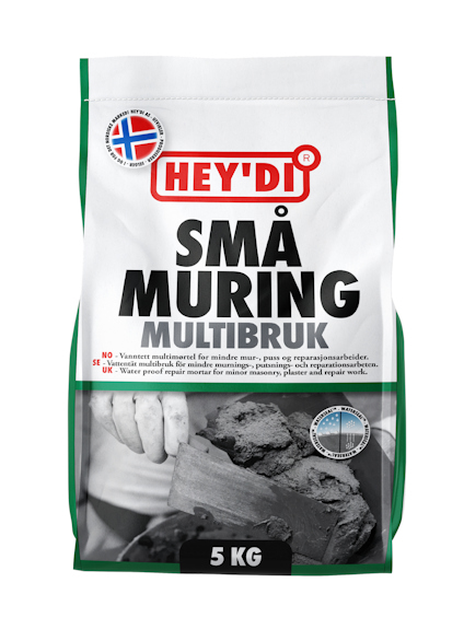 Förpackning av Hey'di Småmuring Multibruk torrbruk, 5 kg, med bild och text på framsidan.