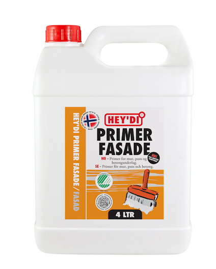 Plastbehållare med etikett "HEY'DI PRIMER FASADE" på framsidan och rött lock.