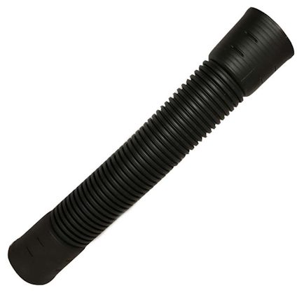 Svart, korrugerat rör med släta ändar, troligtvis av plastmaterial.