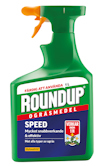 Grön sprayflaska med etiketten "Roundup Ogräsmedel Speed", märkning om snabbverkande effekt och glyfosatfri.
