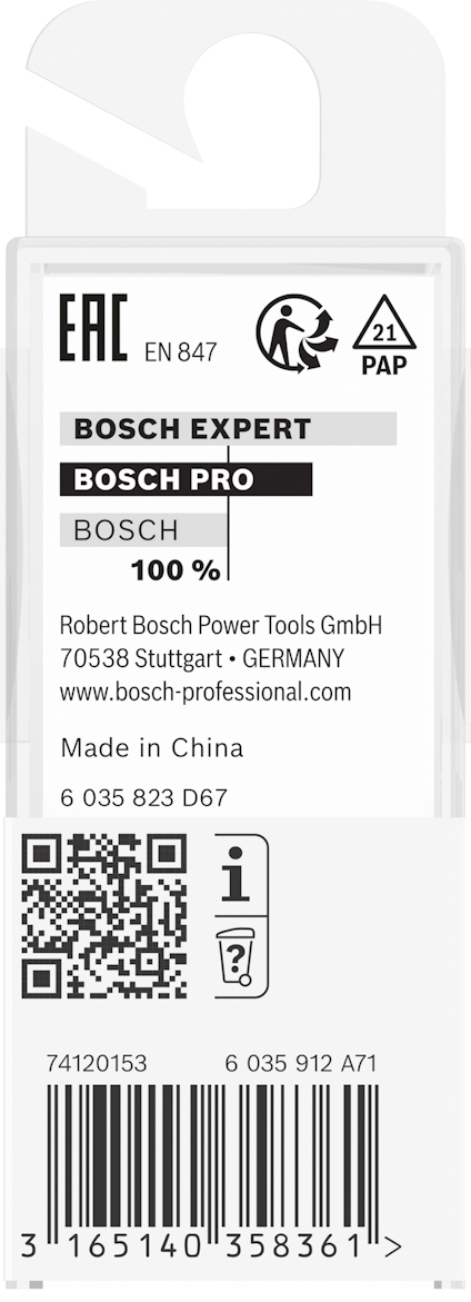 Förpackning med Bosch-kategorierna Expert och Pro, innehåller EAC och EN 847 markeringar, QR-kod och streckkod.
