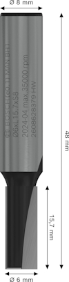 Fräshuvud med dimensioner: totalt 48 mm, skär 15,7 mm. Diameter 6 mm. Gravyr med produktdetaljer.