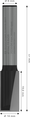 Frässtål med måttangivelser: totallängd 51 mm, skärlängd 19,5 mm, diameter 10 mm.